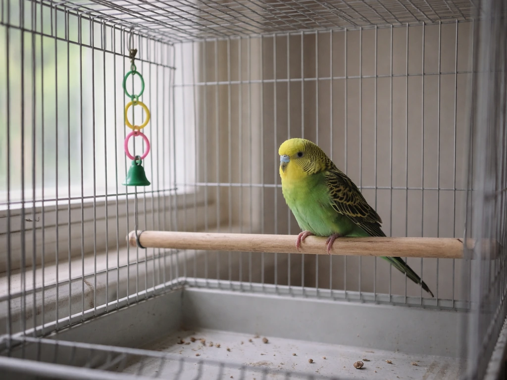 Small pet bird in a plain cage with minimal toys and no foraging items, suggesting boredom and stress.