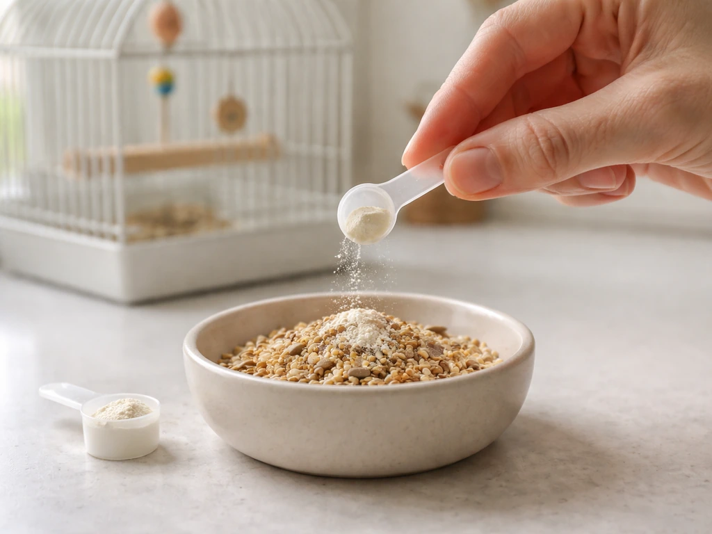 Anonymous hand measures a tiny scoop of avian supplement onto small seed portions for small birds.