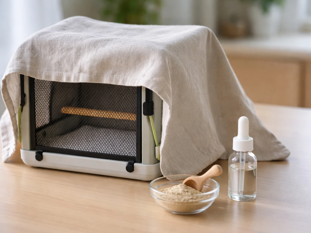 Low-stress bird supplement trial setup with a covered carrier and measured powder on a table.